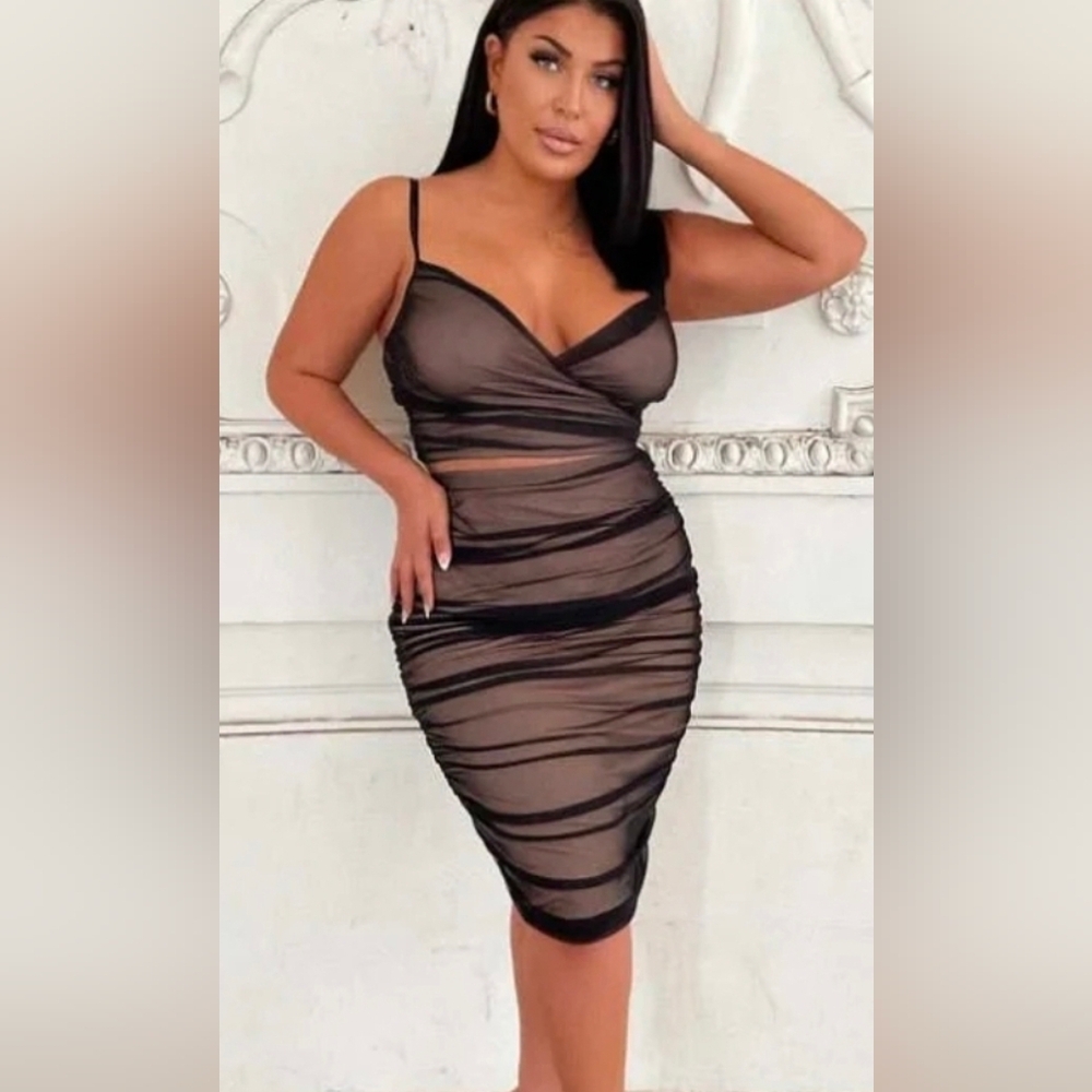 Fashion Nova Black and Cream Mesh Dress